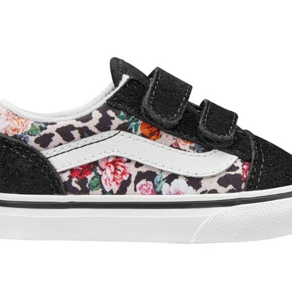 Vans Leopard Floral Old Skool V Skate Shoe Girls Toddler 11.5 Velcro Black Suede - Picture 1 of 6